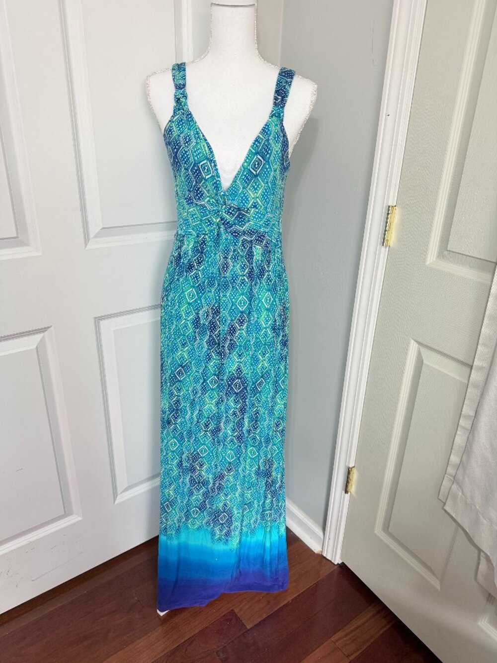Spense Blue Green Geometric Print Maxi Dress Women's Large Sleeveless Twist Fron